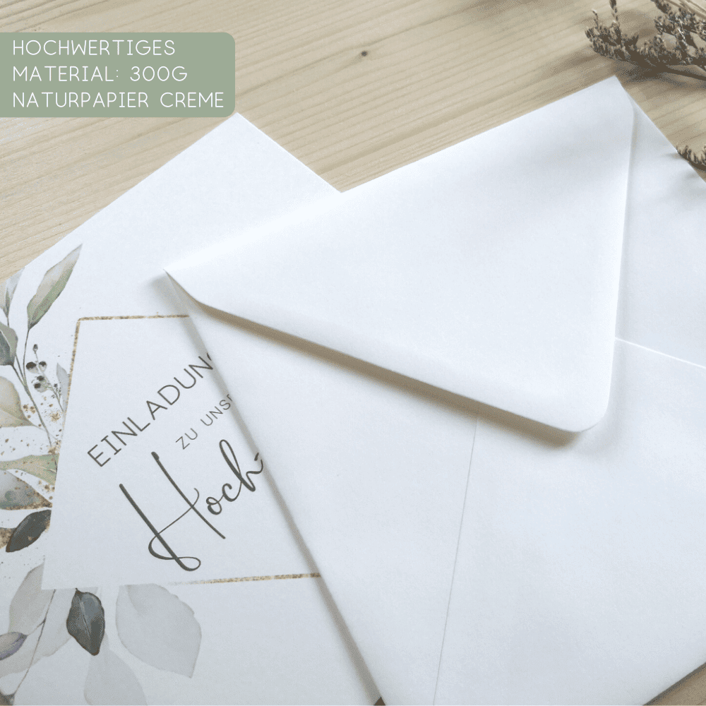 Einladungskarte und Briefumschlag mit dem Hinweis hochwertiges Material 300g Naturpapier creme
